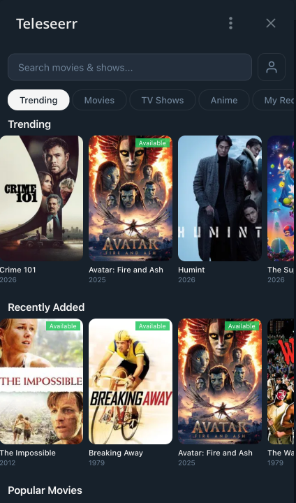 Teleseerr Telegram Mini App with media search, category filters, and trending and recently added titles.